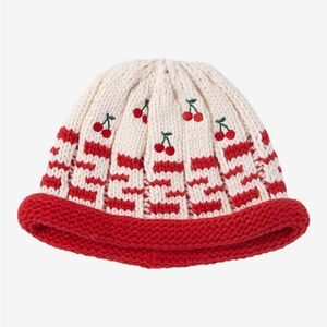 NWT Red and White Knit Beanie Embroidered with Cherry Patches, from Hot Topic